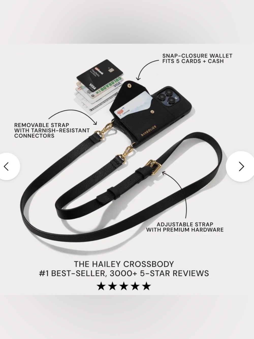 Bandolier Black Leather Crossbody Phone Case with black metallic Hardware - Picture 5 of 7